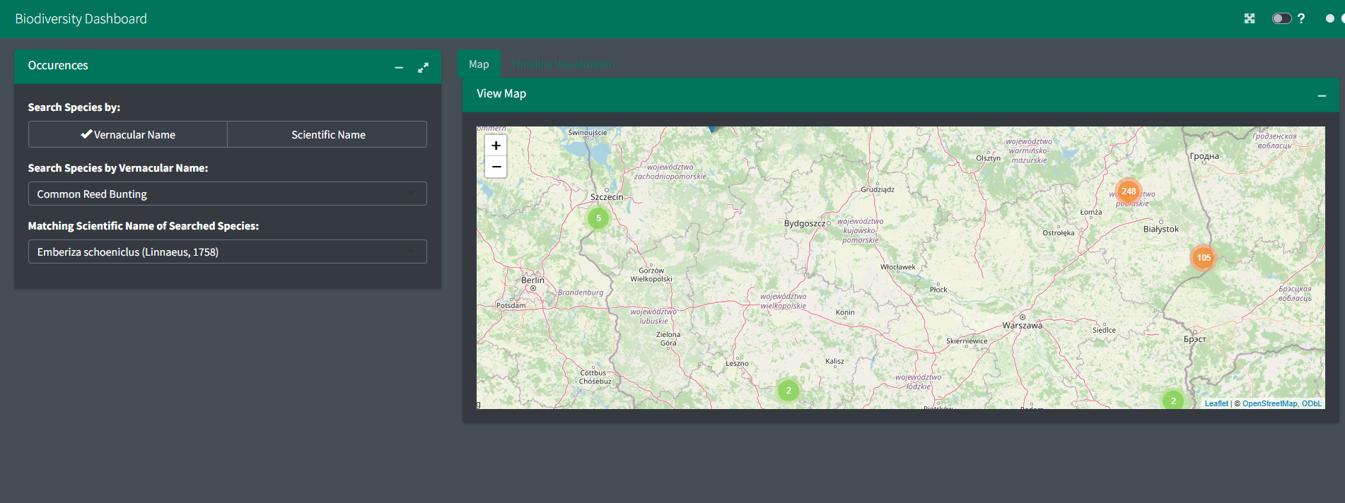 Biodiversity Dashboard showing species distribution map and metrics